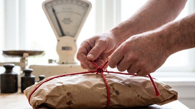 Hands tying red string around a brown paper parcel on a wooden counter with a vintage scale in the background