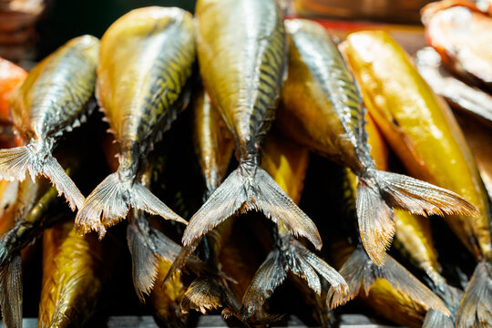 Smoked mackerel tails at an Uzbekistan market food stall