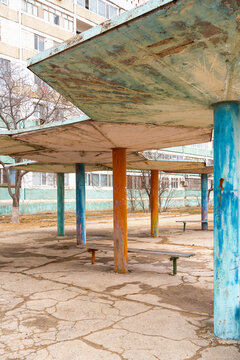 Abandoned Soviet-era courtyard canopy in Uzbekistan city