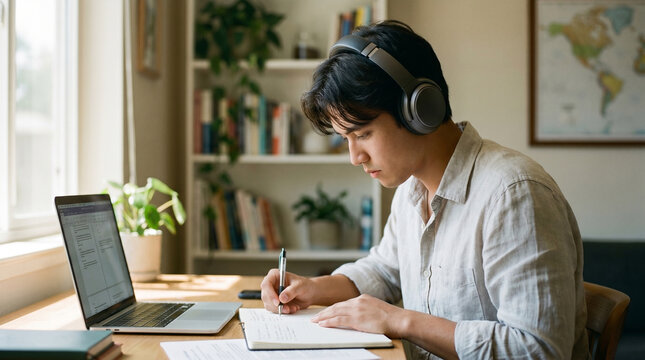 Focused young asian man in headphones studying on laptop computer at desk, writing notes in notebook, male university student listening to webinar or e-learning podcast in home office interior