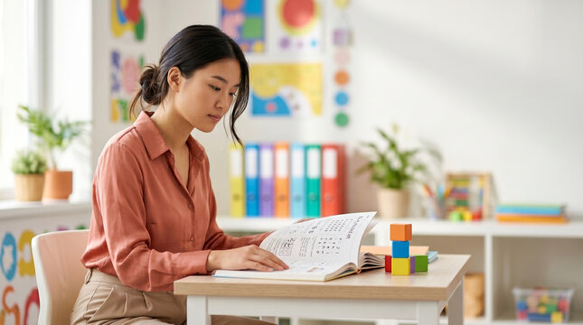 Focused young asian female teacher reading open textbook at desk in bright modern elementary classroom interior, woman mentor studying book in primary school background