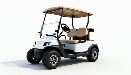 White golf cart with tan roof and seats stands on clean white background. Two-seater vehicle ready for transport on golf course or resort. Modern electric auto with steering wheel.
