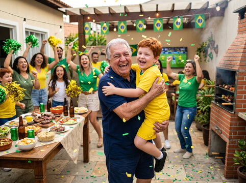 Cheerful grandfather embraces grandson during soccer watch party