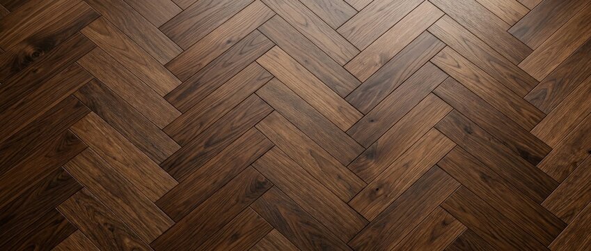 Dark brown herringbone wood parquet flooring texture background.