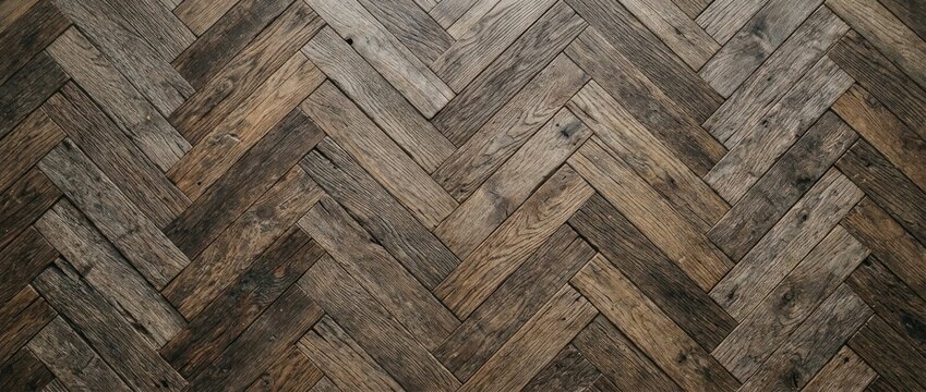 Dark brown herringbone wood parquet floor texture background.