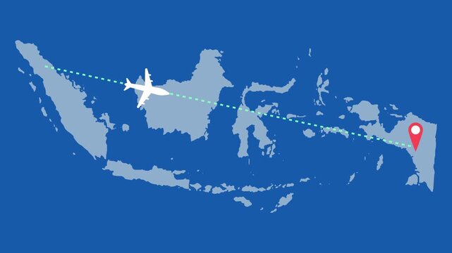 Animated Flight Path of a White Airplane Across the Map of Indonesia