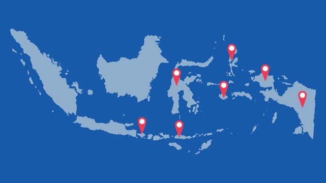 Animated Map of Indonesia with Red Location Pins on Blue Background