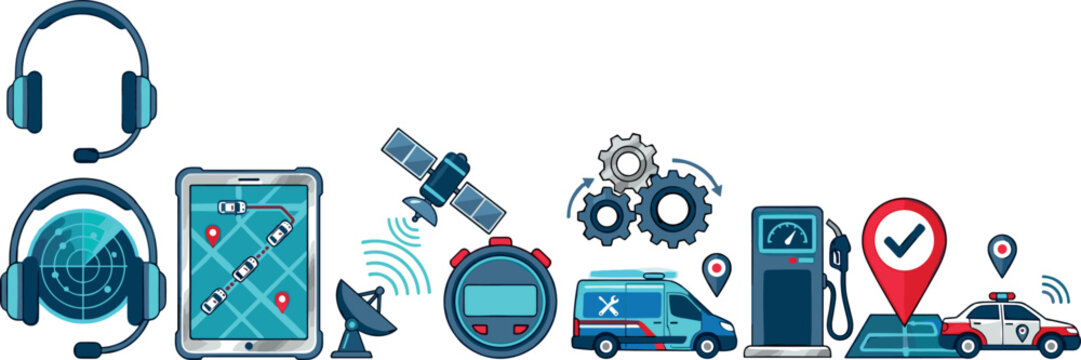 Emergency Roadside Assistance and Dispatch Center Vector Icon Set with Satellite Navigation GPS Tracking Call Support Police and Van Symbols