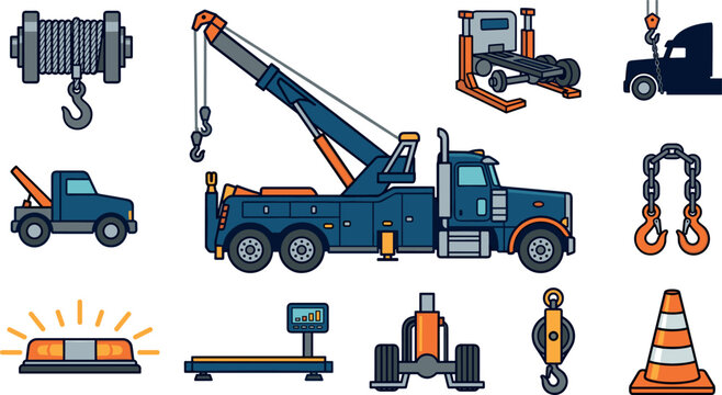 Heavy Duty Tow Truck and Roadside Recovery Equipment Icon Set with Winch, Chain, Hook, Jack, and Traffic Cone Vector