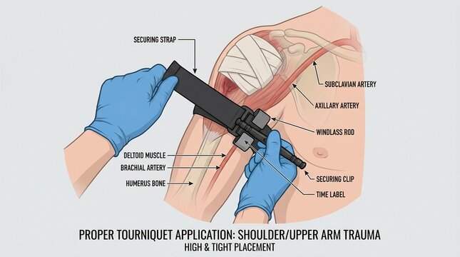 Medical Illustration of Proper Tourniquet Application for Shoulder and Upper Arm Trauma Emergency Bleeding Control