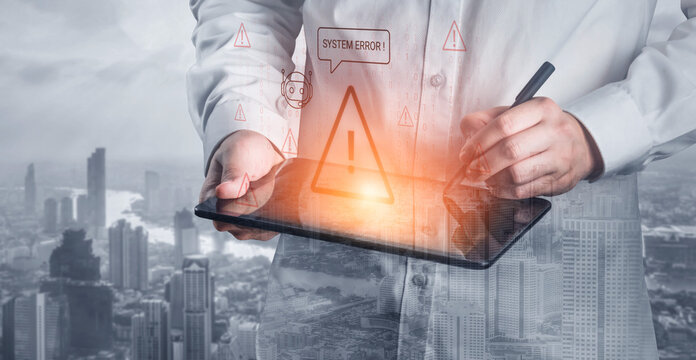 A professional man reviews a system error on a digital tablet, surrounded by urban scenery, highlighting the intersection of technology and business analysis. Cyphers