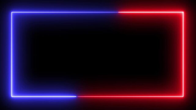 seamless loop neon light red and blue glowing square ring animation, high tech minimalist geometric moving border effect backdrop, digital energy arc streaming motion graphic on black background. 4k