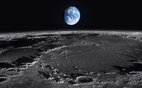 Earthrise above the Moon horizon in deep space view