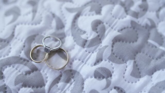 Two metallic rings resting on patterned quilted fabric