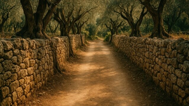 Rustic path through olive grove.
