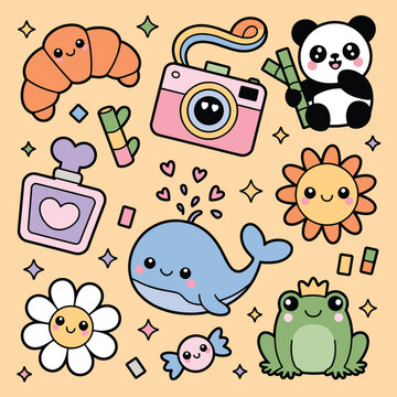 Kawaii doodle pattern with cute cartoon characters and objects featuring a panda whale frog flower and camera on a soft pastel peach background illustration