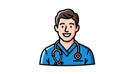 Fototapeta premium Smiling Male Doctor Wearing Blue Scrubs and Stethoscope.