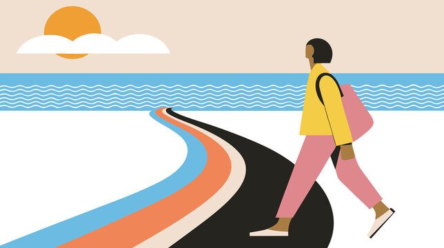 Woman walking coastal path at sunset in simple art style