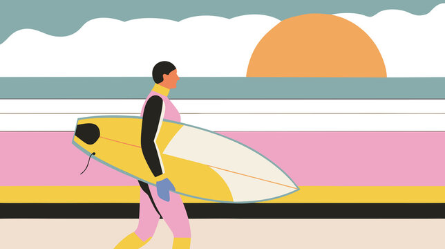 Surfer walking with surfboard at colorful sunset shoreline