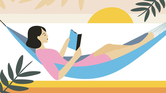 Woman reading in hammock at tropical beach sunset retreat