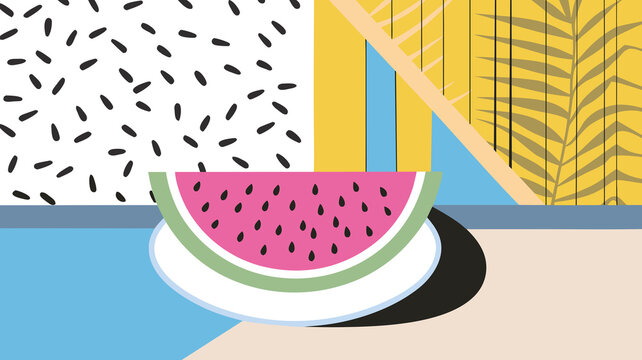 Watermelon slice on plate with geometric patterns and shadows