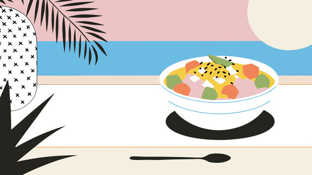 Fresh tropical fruit salad in bowl on sunny table scene