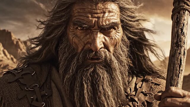 Elderly wizard with long beard and staff standing in mountainous landscape