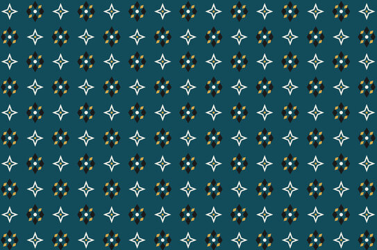 Blue floral and geometric fabric pattern with yellow accents