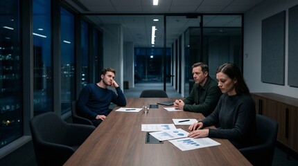 Fototapeta premium Coworker Fatigue in Quiet Office Meeting Under Economic Uncertainty