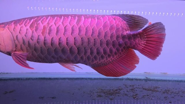 Close Up Shot of a Malay Gold Back Arowana (also known as the Cross Back Golden or Sclerophages formosus) Fish Swimming inside a Glass Aquarium Tank