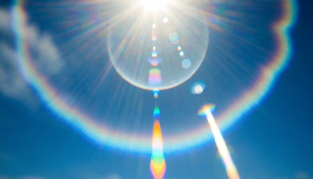 Radiant optical lens flare from intense midday sun creates a stunning glowing effect with ethereal light leaks, vibrant sunburst highlights, and beautiful prismatic bokeh in a clear blue sky.