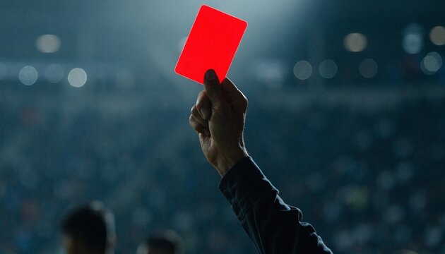 Close up of a referee's hand decisively holding up a glowing red card against a blurred night soccer stadium background, capturing the high stakes and intensity of a professional match.