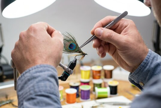 Hands using fine tweezers to carefully attach a colorful peacock feather to a fishing fly in a vise
