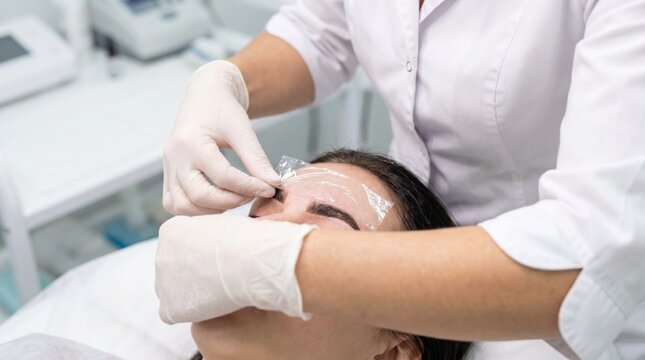 Beautician in white uniform applying a clear plastic processing film over a female client tinted eyebrows