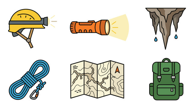 Caving equipment and supplies for underground exploration including helmet flashlight map rope and backpack