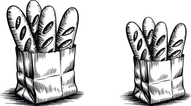 Hand drawn bread bag vector icons, black and white illustrations, bakery shopping bags, food packaging