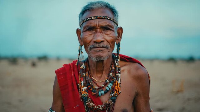 Portrait of Maasai Elder Man with Traditional Beads and Red Shuka in Rural African Landscape.