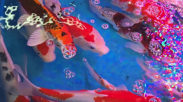 High Angle Close Up Shot of a Group of Koi Fish Swimming in a Blue Breeding Tank with Air Bubbles
