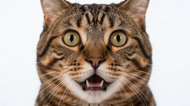 Extreme close up of a tabby cat with an ultra shocked meme expression and huge round eyes. Funny feline face isolated on white background.
