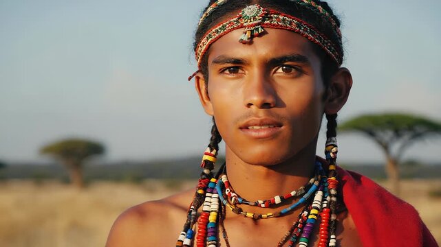 Maasai Warrior Portrait: Young man in traditional attire, tribal jewelry, and vibrant red shuka against a Kenyan savanna landscape.