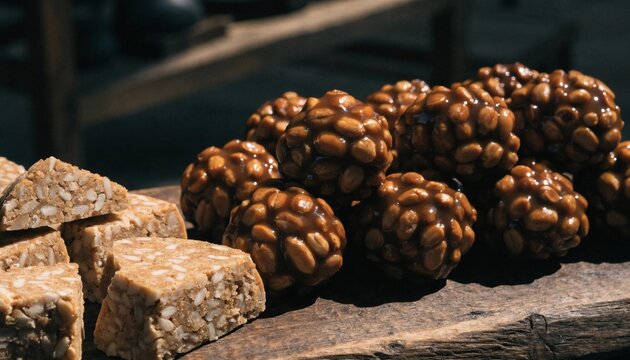 Traditional Brazilian Festa Junina sweet treats including pa&ccedil;oca and p&eacute; de moleque peanut candies beautifully arranged on a rustic wooden board, capturing the festive spirit of June celebrations.