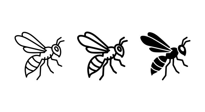 Three Stylized Bee Icons, Simple Insect Vector Graphics, Black and White Flying Insects, Minimalist Honeybee Illustrations