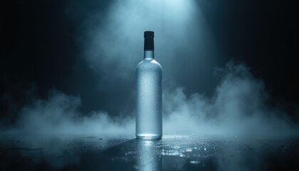 Obraz premium Clear glass vodka bottle sweats with condensation, sits on wet dark surface with dramatic light and cool smoke. Product mockup for bar or beverage ads.