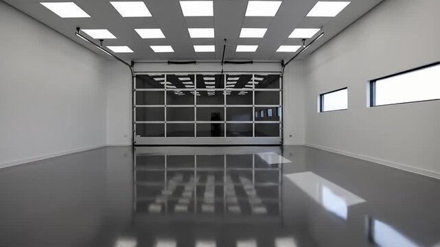 Empty commercial showroom with reflective floor and grid lighting.