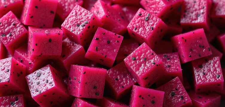 Vibrant pink dragon fruit cubes with black seeds scattered. Pitaya pieces create a textured background. Healthy tropical food ingredient for recipes.