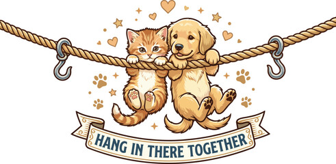 Cartoon cat and dog hanging on rope with hearts and paw prints, 'hang in there together' banner © Sojib Patuary