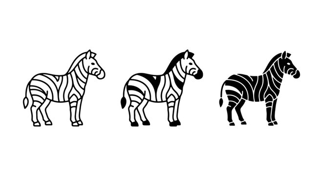 Stylized Zebra Icons Set, Black and White Animal Graphics, Simple Vector Illustrations for Wildlife Themes