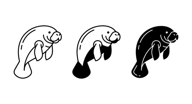 Set of three manatee icons, outline, silhouette, and filled styles, marine mammal vector graphics for wildlife and ocean themes