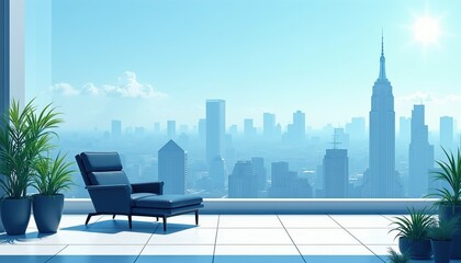 Fototapeta premium Modern rooftop terrace with blue armchair and plants overlooks city skyline. Sun shines brightly on urban panorama. Enjoy peaceful view from high vantage point.