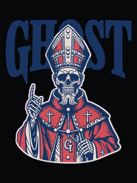 Gothic skeleton pope character with mitre hat and vintage ghost text layout dark streetwear t shirt design
